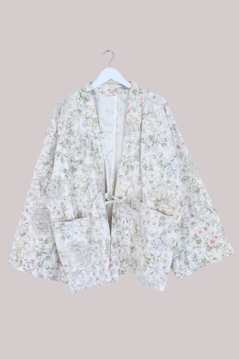 Emmeline Vintage Curtain Jacket in Bone White Daisies