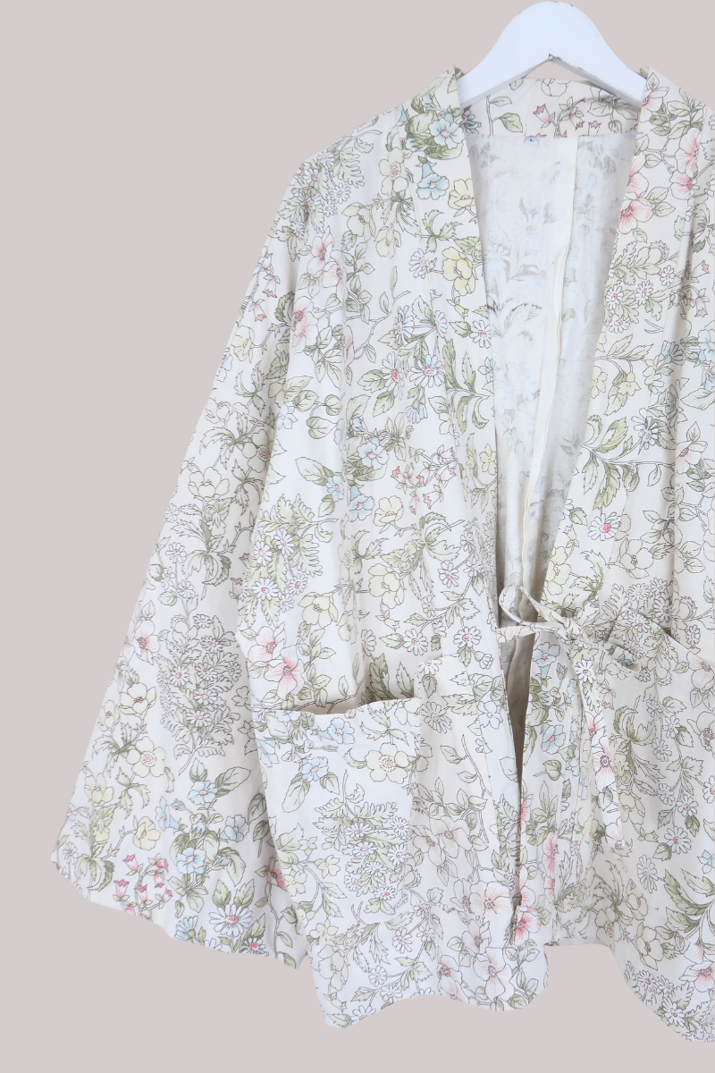 Emmeline Vintage Curtain Jacket in Bone White Daisies