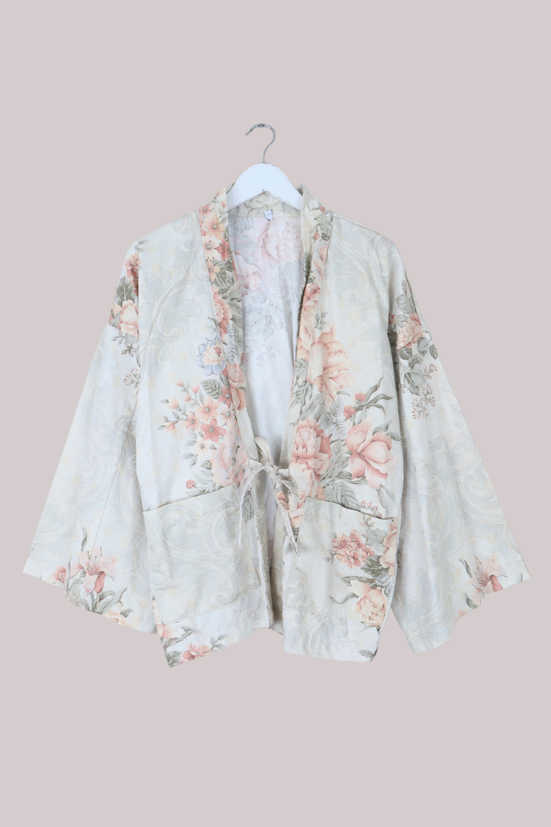 Emmeline Vintage Curtain Jacket in Milk White & Peach