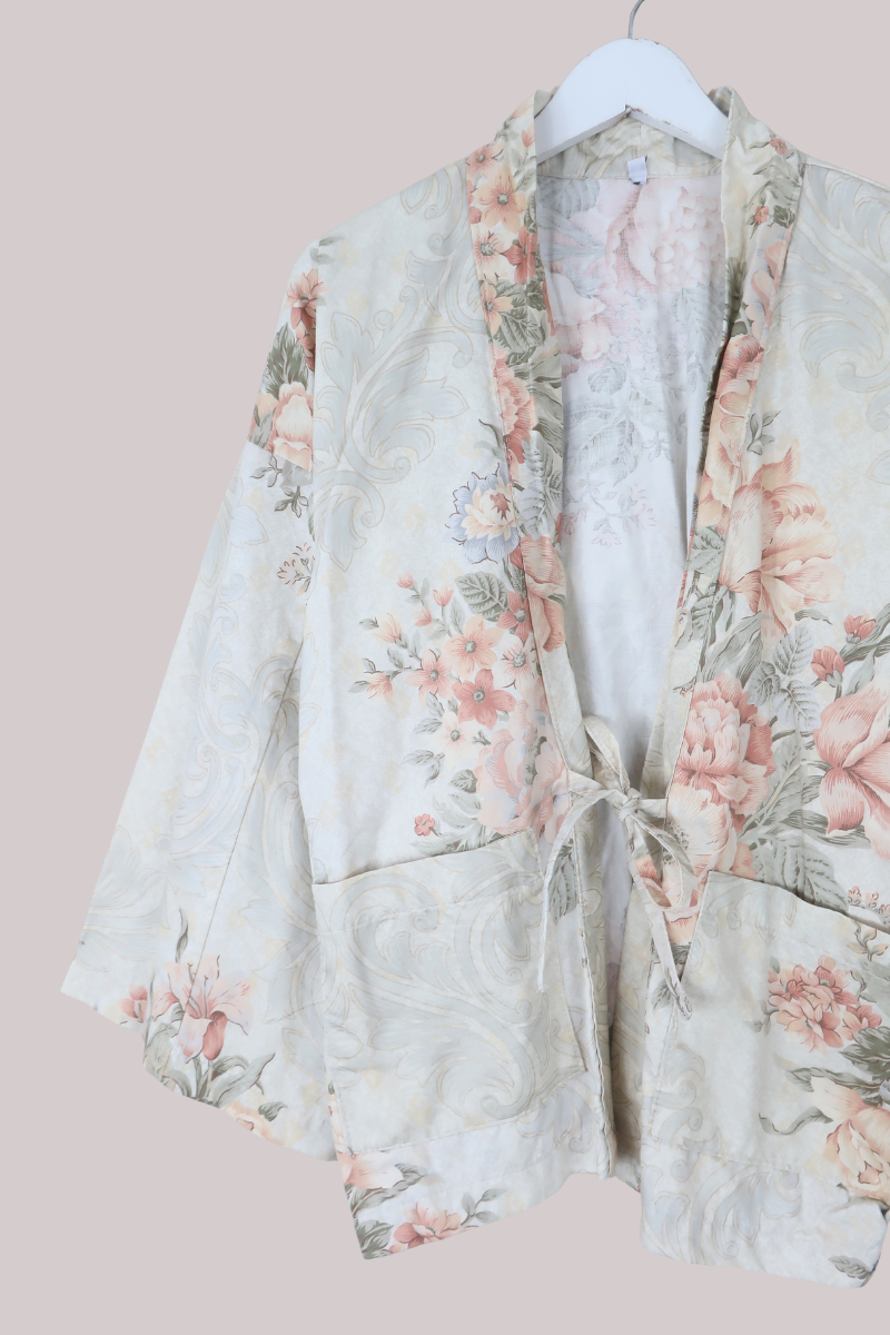Emmeline Vintage Curtain Jacket in Milk White & Peach