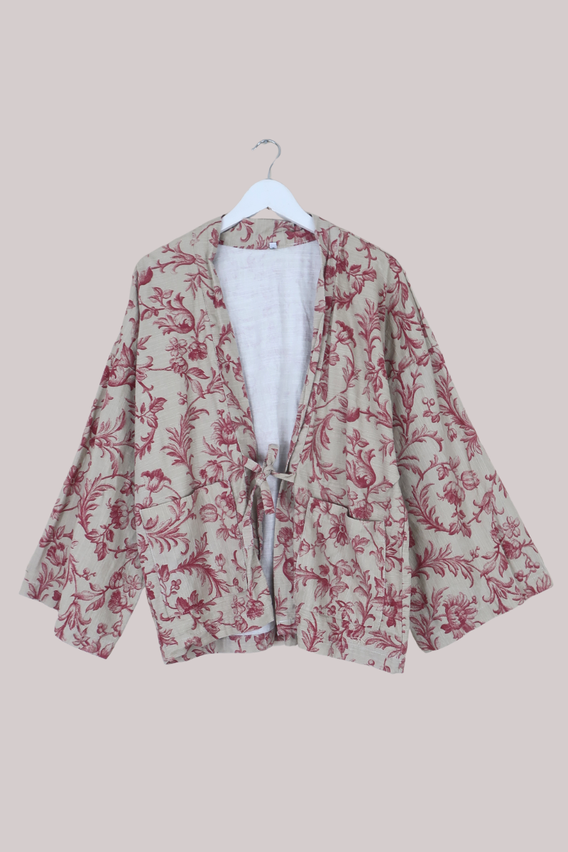 Emmeline Vintage Curtain Jacket in Off White & Rouge Pink Tudor Floral