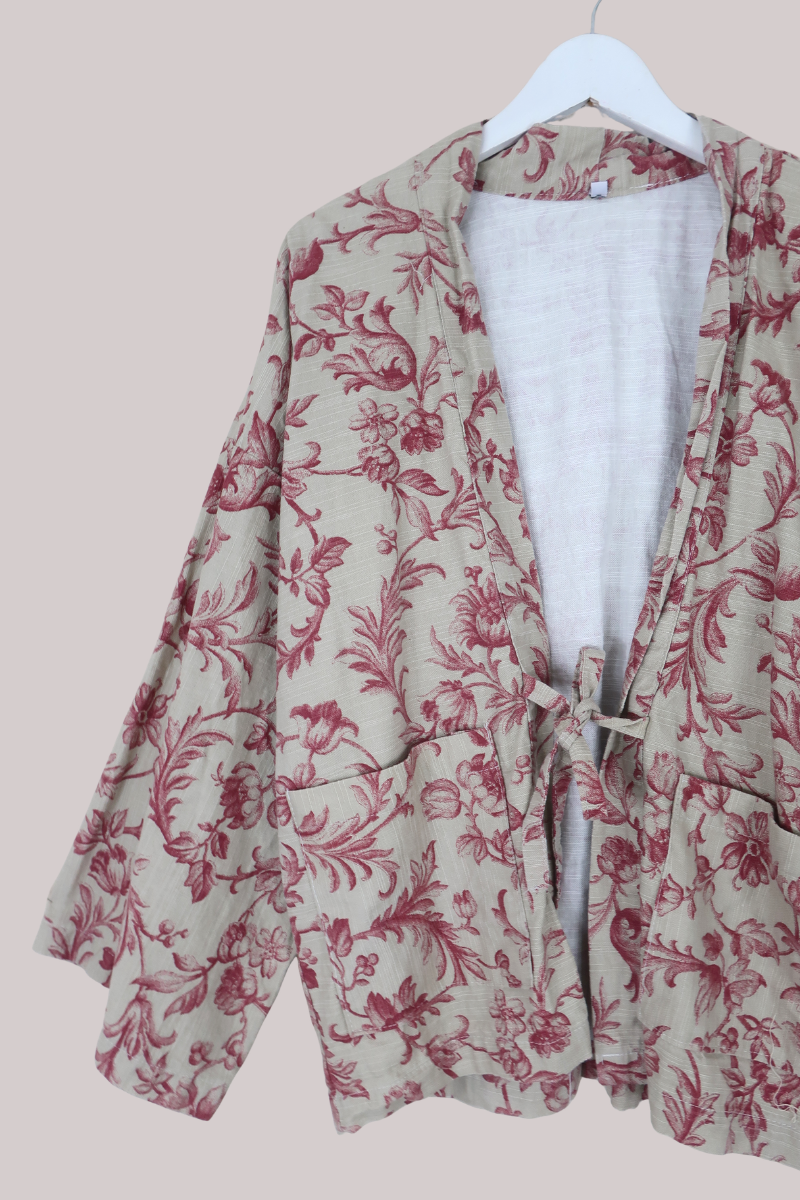 Emmeline Vintage Curtain Jacket in Off White & Rouge Pink Tudor Floral