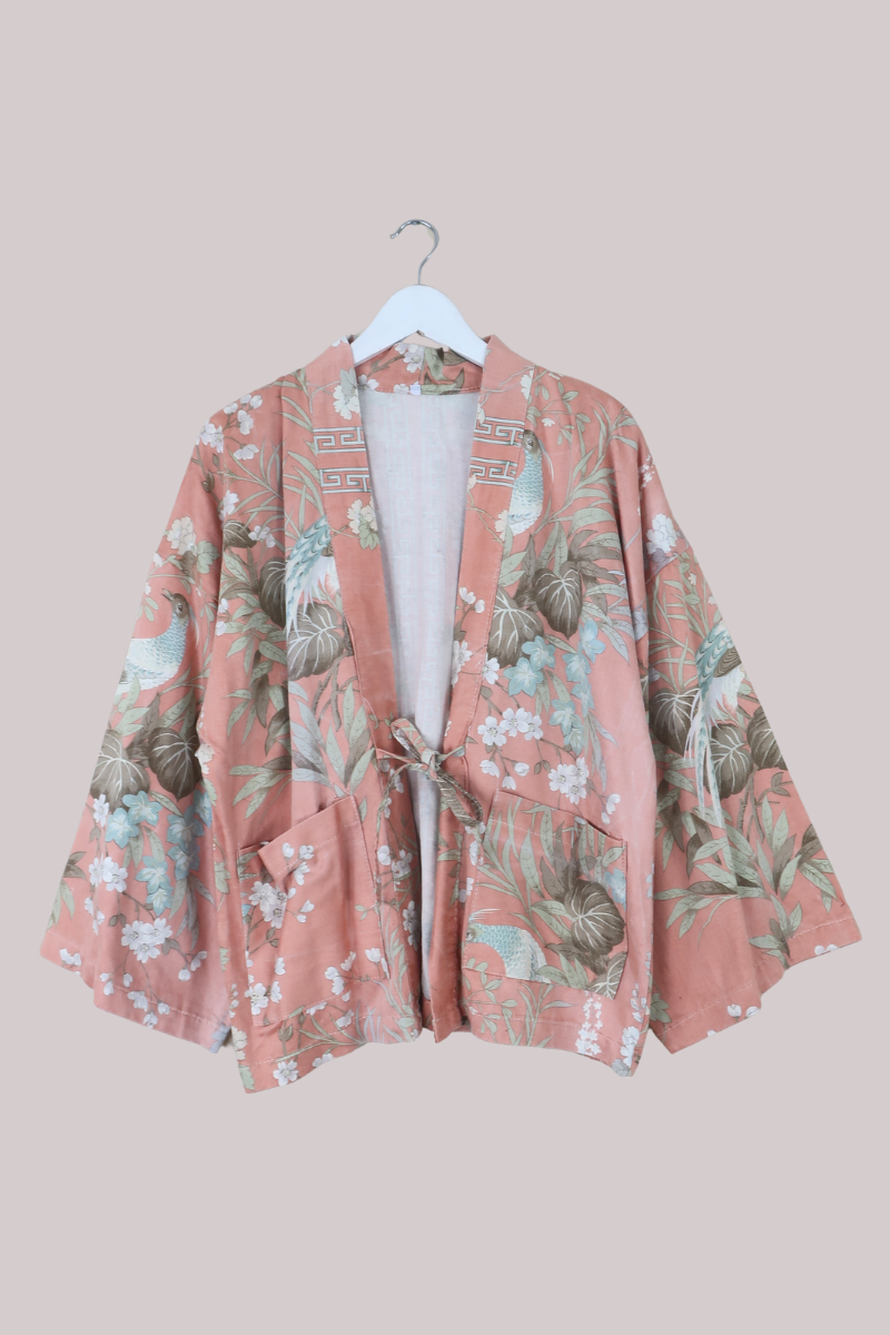 Emmeline Vintage Curtain Jacket in Terracotta Pink Tropical Birds