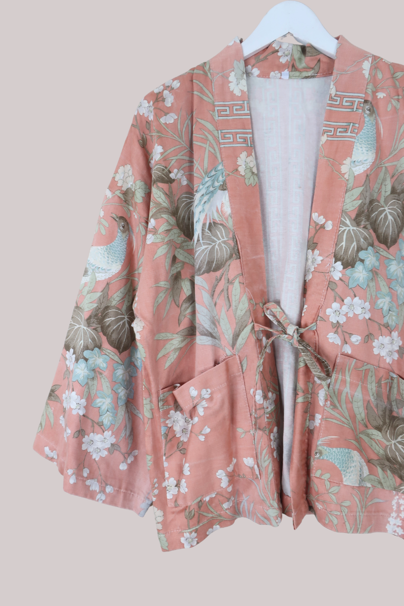 Emmeline Vintage Curtain Jacket in Terracotta Pink Tropical Birds