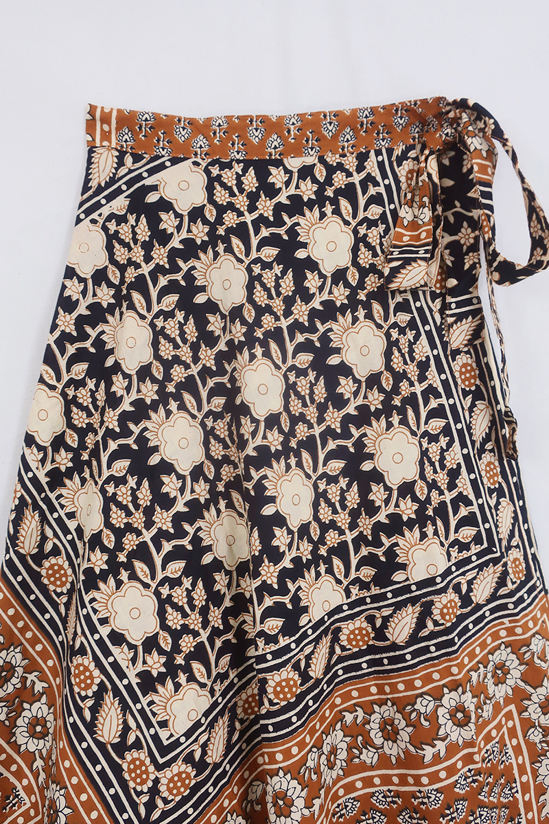 Emmylou Patchwork Wrap Skirt in Camel Brown & Black By All About Audrey