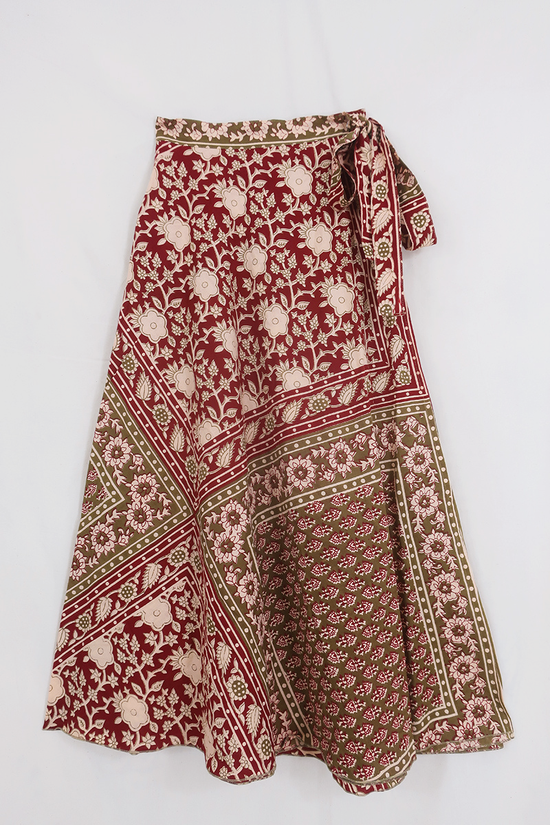 Emmylou Patchwork Wrap Skirt in Rose Hip Red & Green By All About Audrey