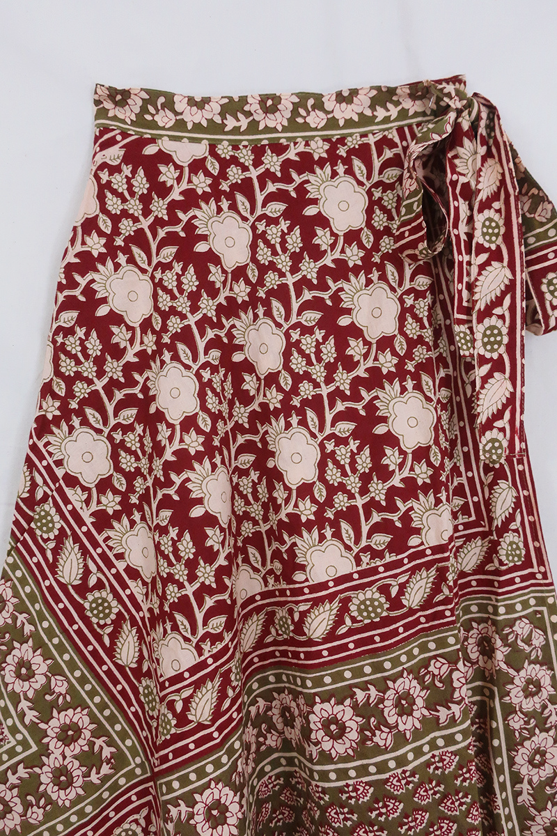 Emmylou Patchwork Wrap Skirt in Rose Hip Red & Green By All About Audrey