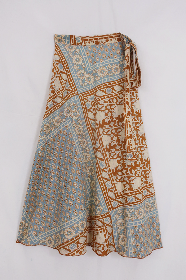 Emmylou Patchwork Wrap Skirt in Stone Blue & Tan By All About Audrey