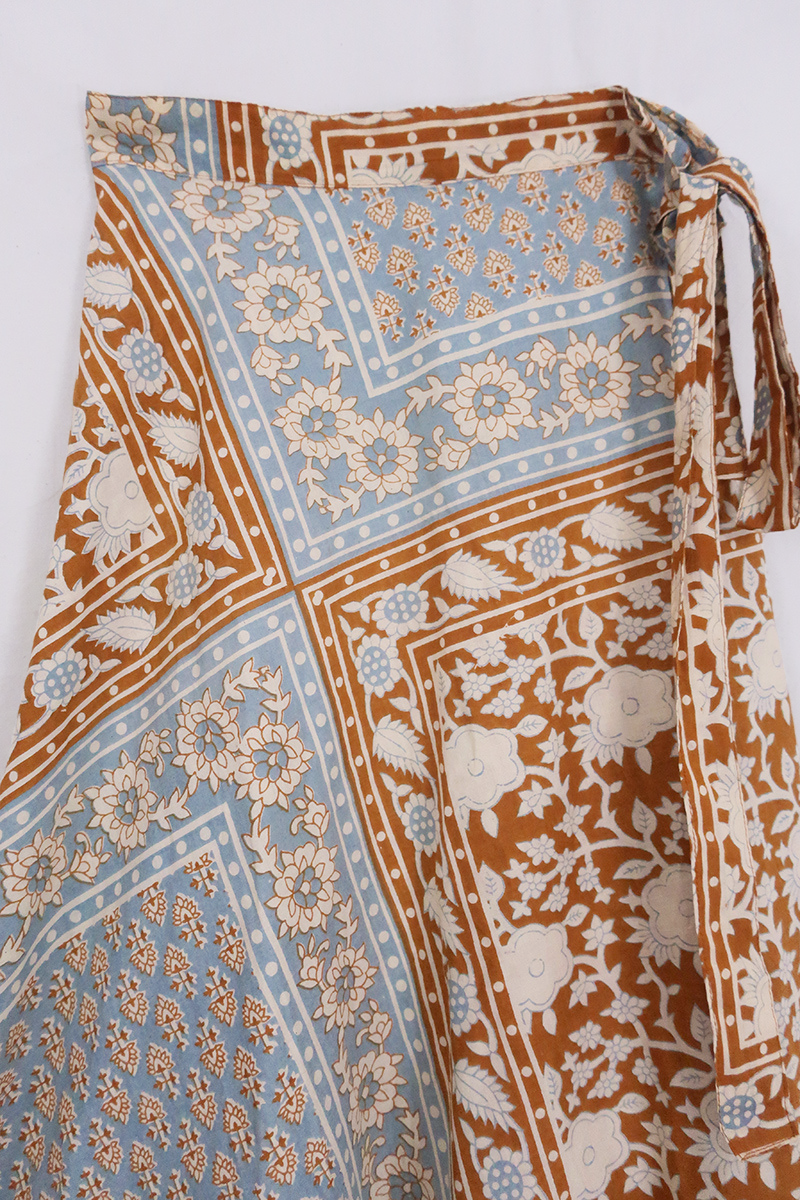 Emmylou Patchwork Wrap Skirt in Stone Blue & Tan By All About Audrey