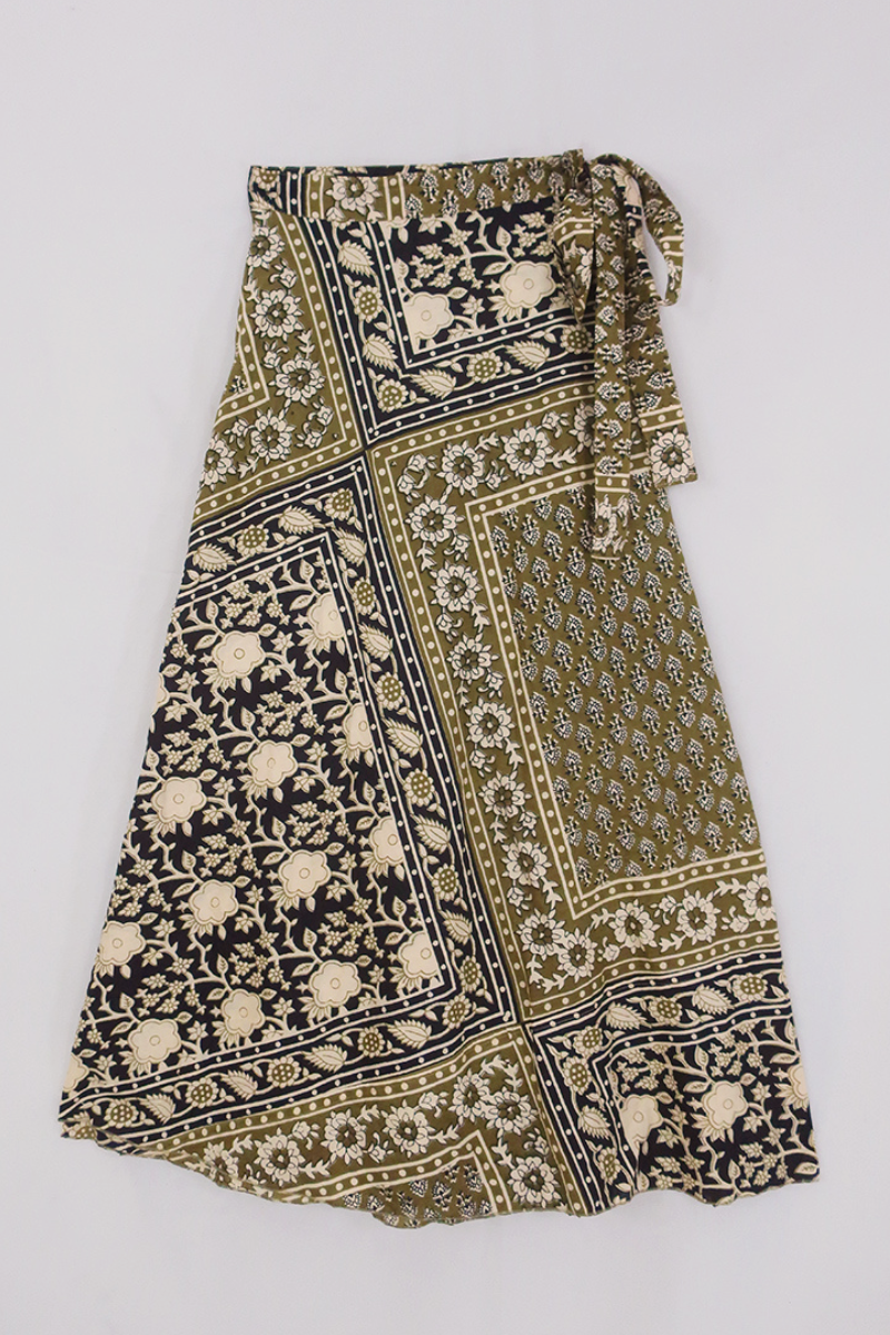 Emmylou Patchwork Wrap Skirt in Tarragon Green & Black By All About Audrey