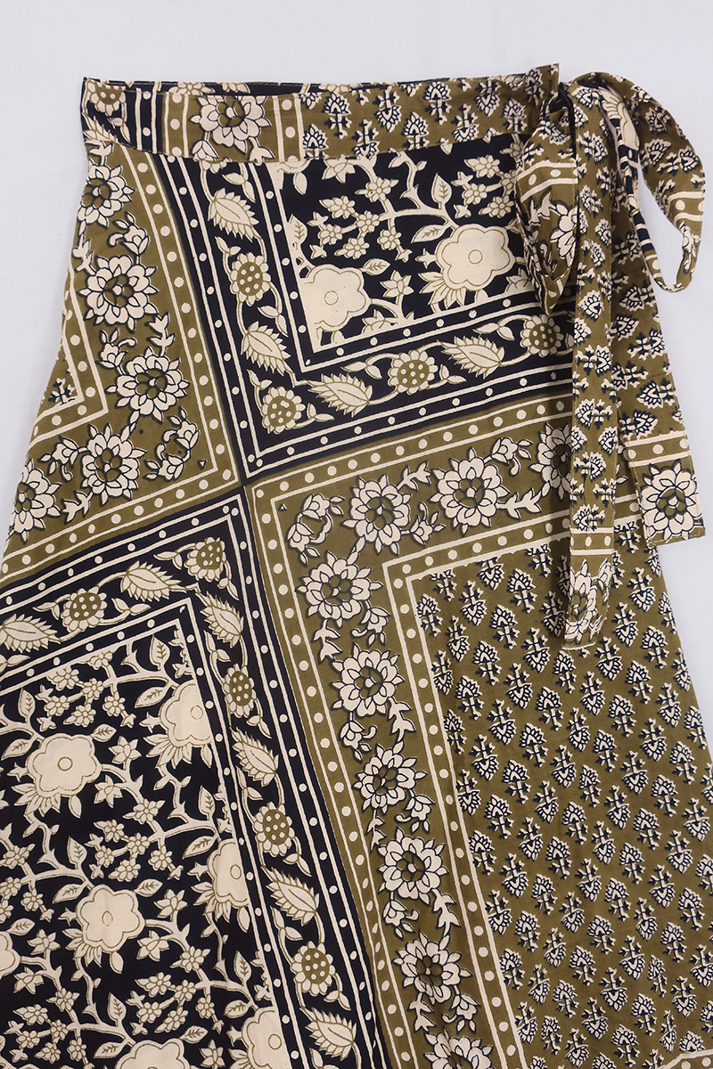 Emmylou Patchwork Wrap Skirt in Tarragon Green & Black By All About Audrey