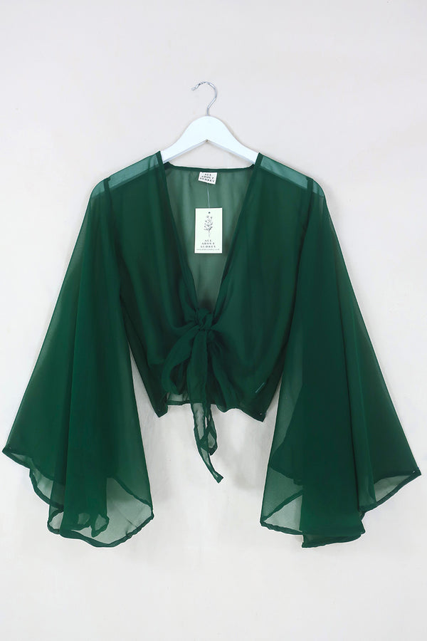 Virgo Sheer Wrap Top in Enchantment Green By All About Audrey