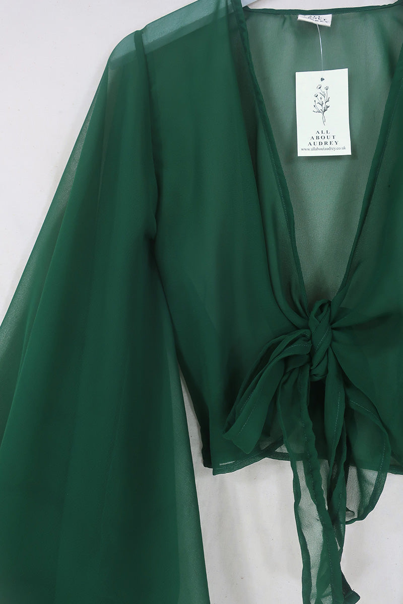 Virgo Sheer Wrap Top in Enchantment Green By All About Audrey