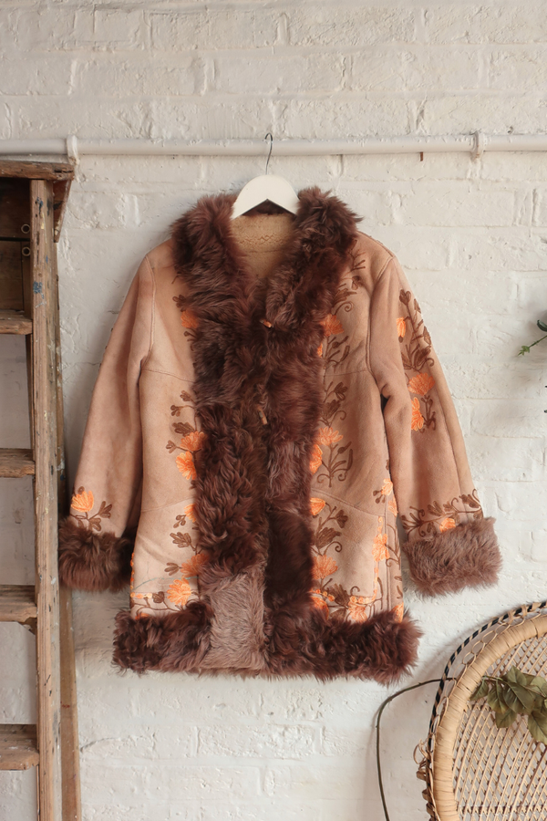 Embroidered Sheepskin Coat in Camel & Honey Florals - Size XS/S
