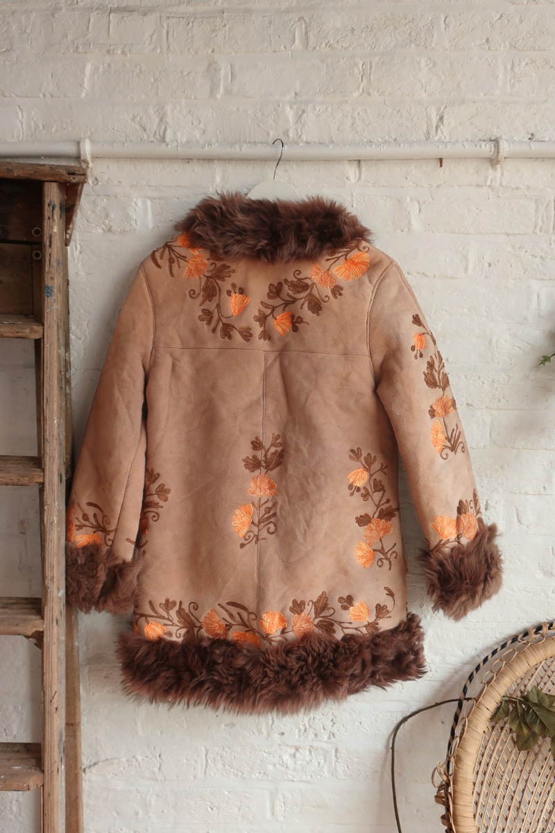 Embroidered Sheepskin Coat in Camel & Honey Florals - Size XS/S