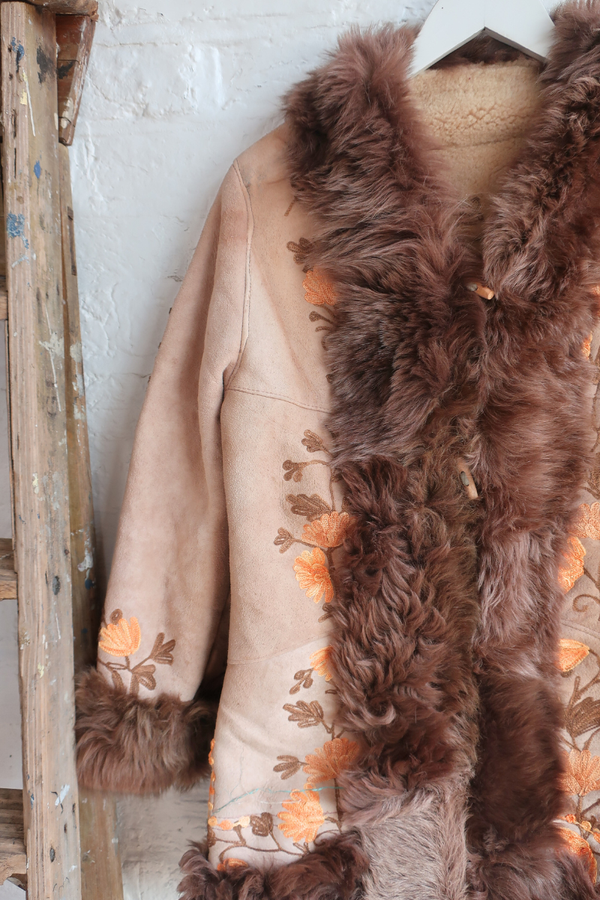 Embroidered Sheepskin Coat in Camel & Honey Florals - Size XS/S