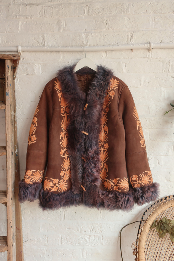 Embroidered Sheepskin Coat in Cocoa & Sundrop Florals - Size S/M