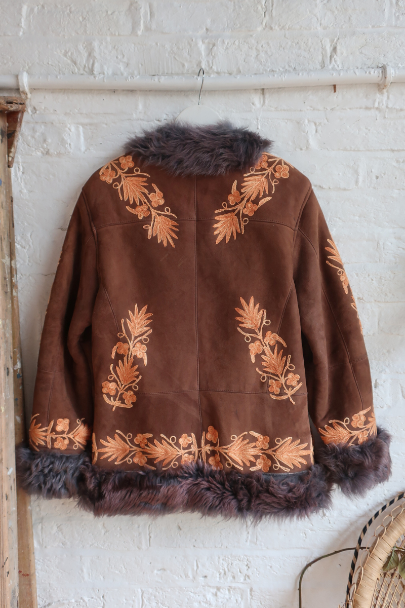 Embroidered Sheepskin Coat in Cocoa & Sundrop Florals - Size S/M