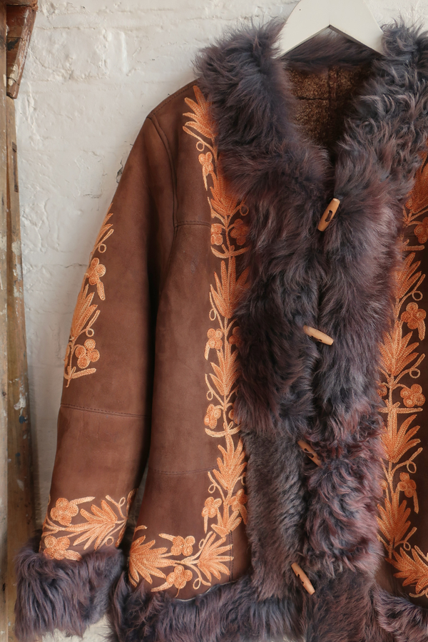 Embroidered Sheepskin Coat in Cocoa & Sundrop Florals - Size S/M