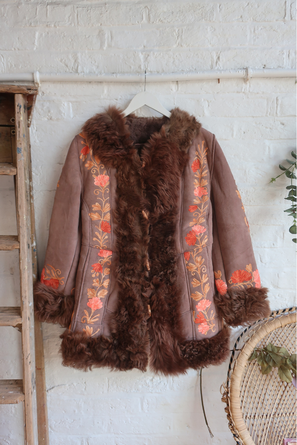 Embroidered Sheepskin Coat in Cedar & Apricot Florals - Size XS/S