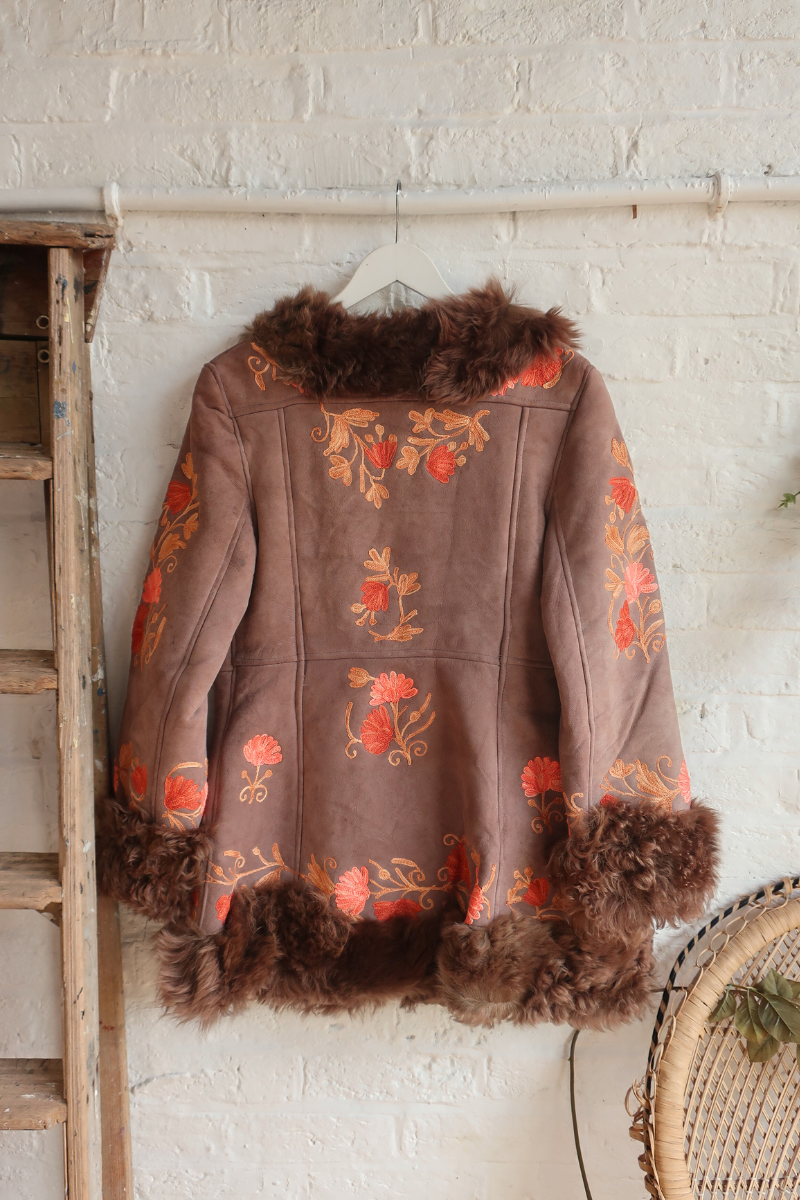 Embroidered Sheepskin Coat in Cedar & Apricot Florals - Size XS/S