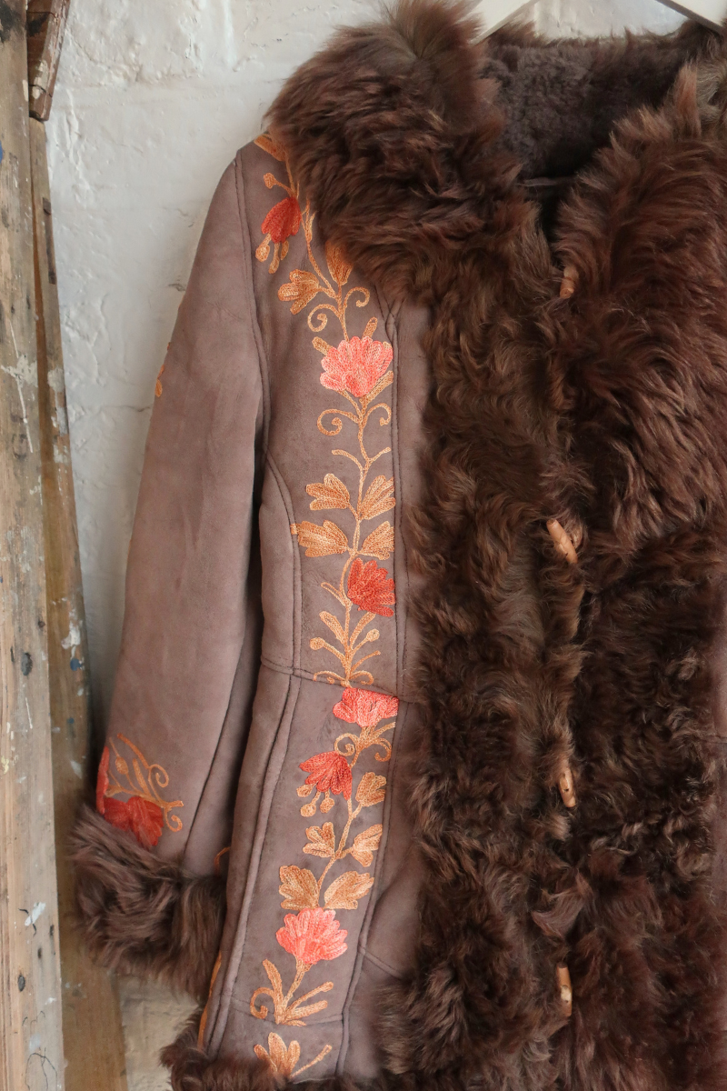 Embroidered Sheepskin Coat in Cedar & Apricot Florals - Size XS/S