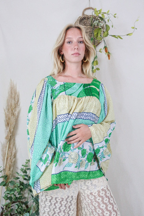 Honey Top - Vintage Indian Sari - Buttermilk & Apple Rose Print - Free Size S/M by All About Audrey