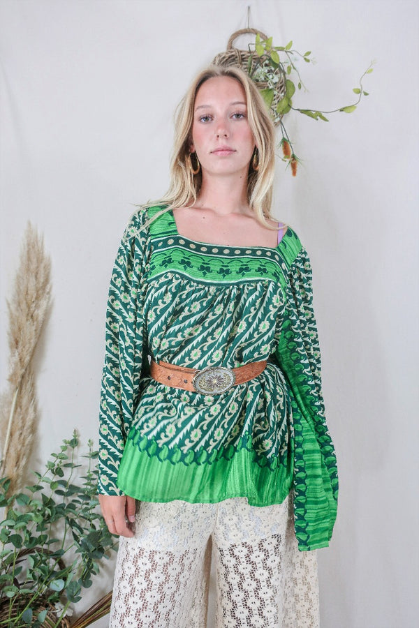 Honey Top - Vintage Indian Sari - Forest & Spring Green Floral (free size) by All About Audrey