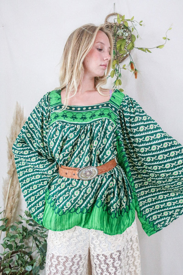 Honey Top - Vintage Indian Sari - Forest & Spring Green Floral (free size) by All About Audrey