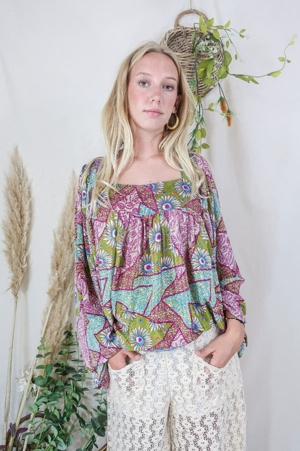 Honey Top - Vintage Indian Sari - Olive, Sky & Berry Patchwork Floral - Free Size S/M by All About Audrey