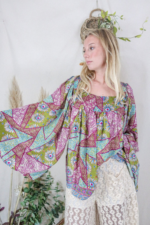 Honey Top - Vintage Indian Sari - Olive, Sky & Berry Patchwork Floral - Free Size S/M by All About Audrey