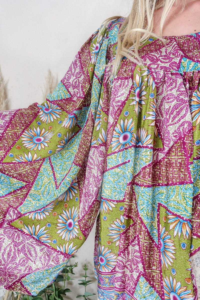Honey Top - Vintage Indian Sari - Olive, Sky & Berry Patchwork Floral - Free Size S/M by All About Audrey