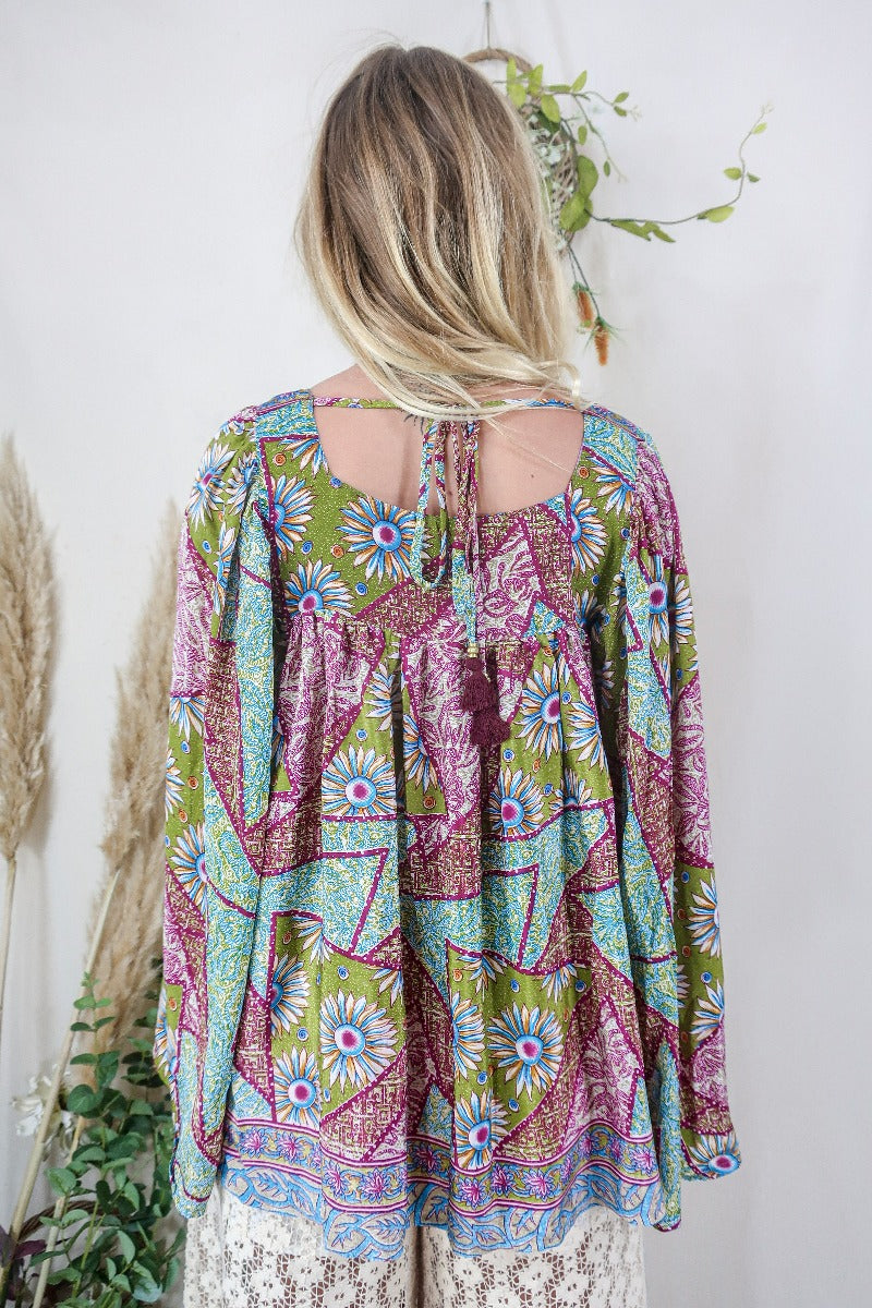 Honey Top - Vintage Indian Sari - Olive, Sky & Berry Patchwork Floral - Free Size S/M by All About Audrey