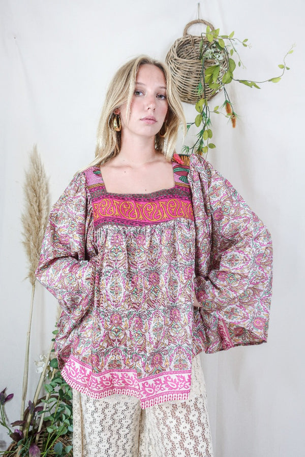 Honey Top - Vintage Indian Sari - Ivory, Magenta & Gold Floral Nouveau - Free Size S/M by All About Audrey