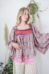 Honey Top - Vintage Indian Sari - Ivory, Magenta & Gold Floral Nouveau - Free Size S/M by All About Audrey