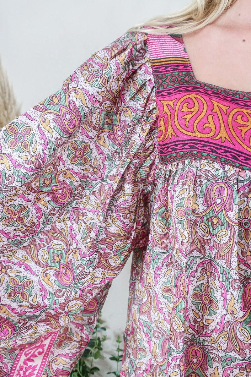 Honey Top - Vintage Indian Sari - Ivory, Magenta & Gold Floral Nouveau - Free Size S/M by All About Audrey