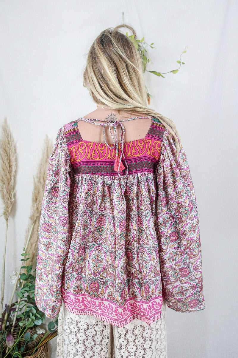 Honey Top - Vintage Indian Sari - Ivory, Magenta & Gold Floral Nouveau - Free Size S/M by All About Audrey