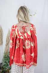 Honey Top - Vintage Indian Sari - Scarlet & Gold Shimmer Floral (free size) by All About Audrey