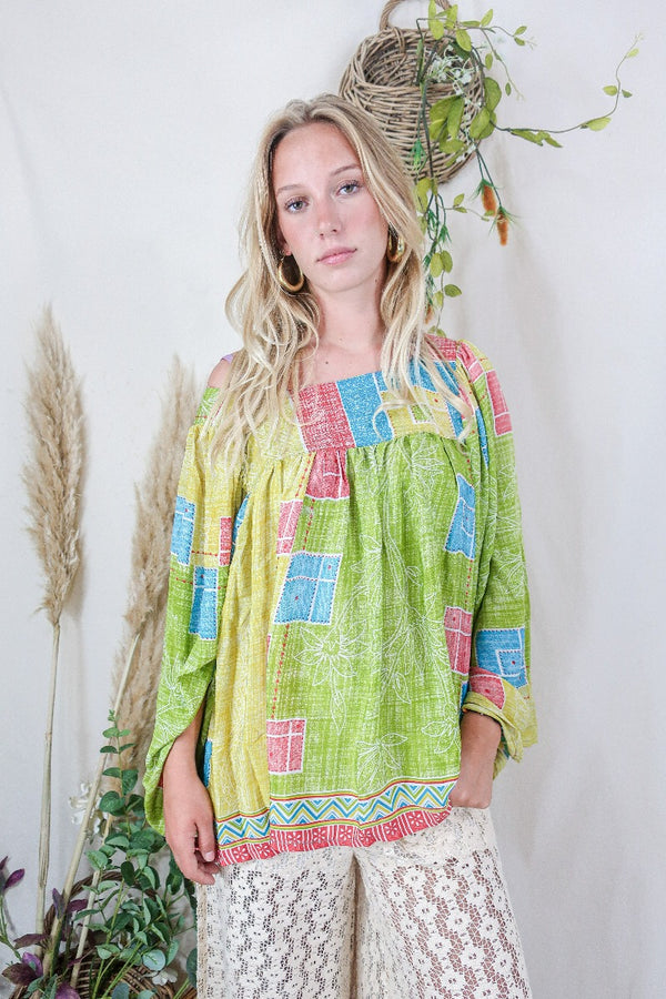 Honey Top - Vintage Indian Sari - Lime Square Patchwork Floral - Free Size S/M by All About Audrey