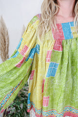 Honey Top - Vintage Indian Sari - Lime Square Patchwork Floral - Free Size S/M by All About Audrey