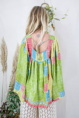 Honey Top - Vintage Indian Sari - Lime Square Patchwork Floral - Free Size S/M by All About Audrey