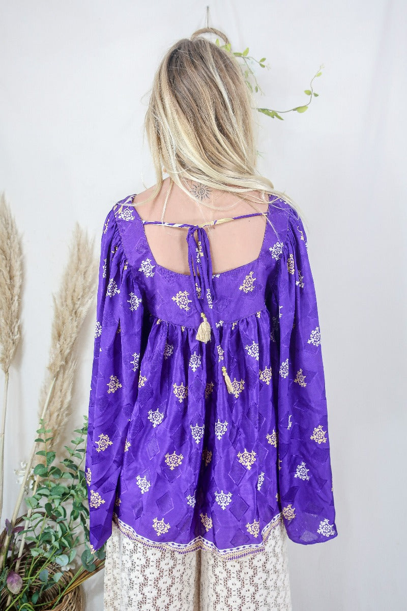Honey Top - Vintage Indian Sari - Deep Purple & Gold Floral (free size) by All About Audrey