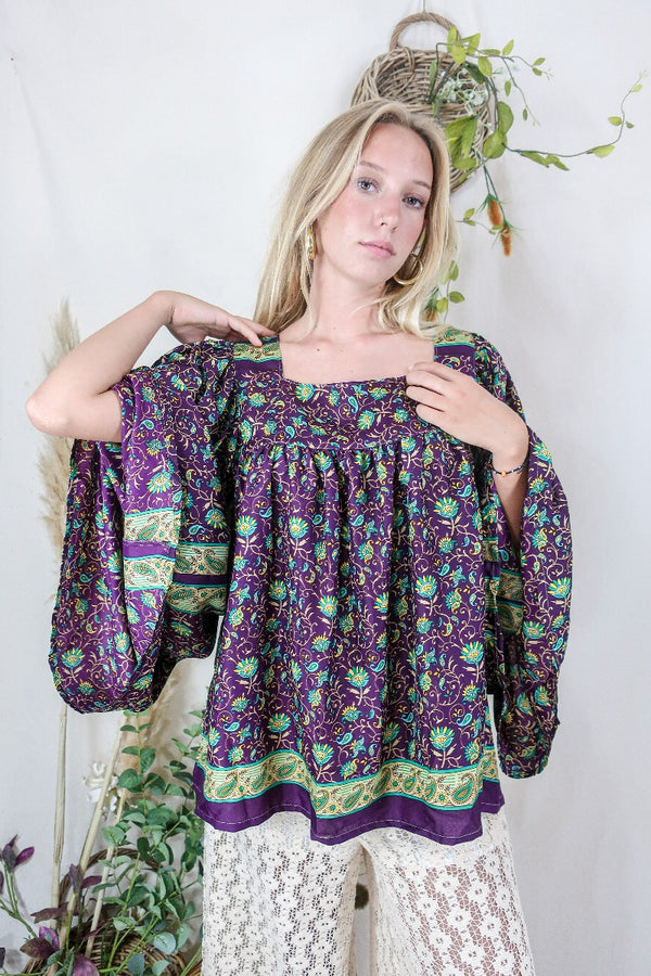 Honey Top - Vintage Indian Sari - Sangria and Juniper Paisley Bloom (free size) by All About Audrey