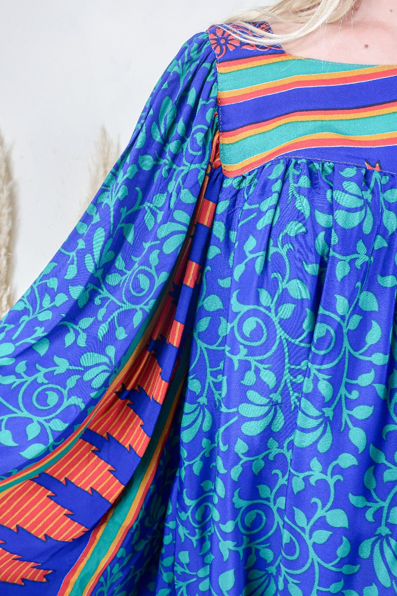 Honey Top - Vintage Indian Sari - Lapis and Emerald Stripe Gardenia (free size)
