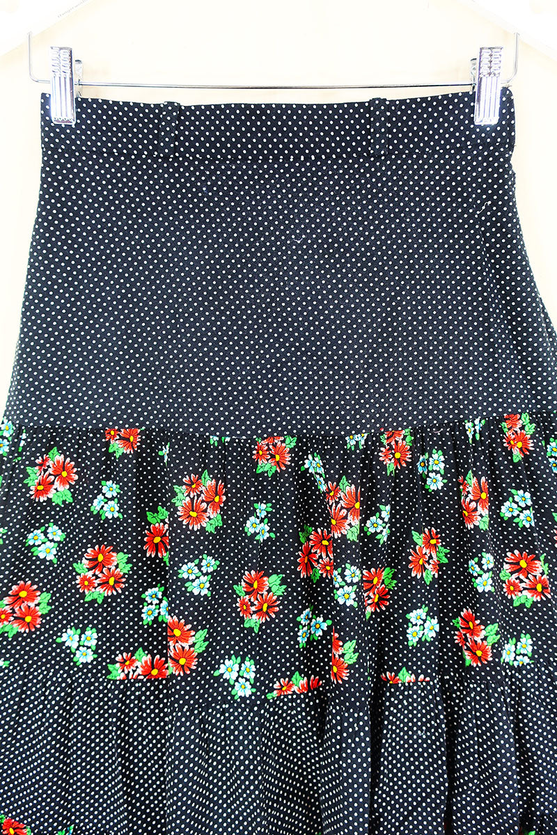 70's Vintage Skirt - Black & White Polka Dots with a Bright Floral Pattern - XXS by all about audrey