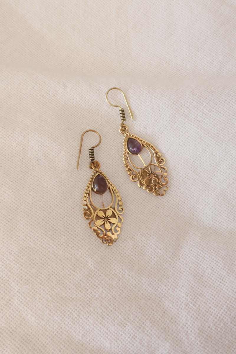 Floral Amethyst Fans Gold Plated Earrings