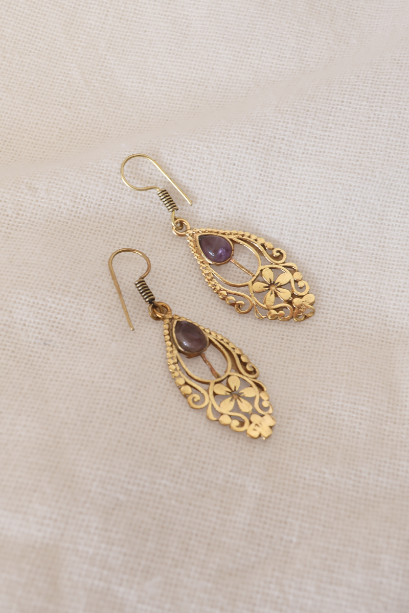 Floral Amethyst Fans Gold Plated Earrings