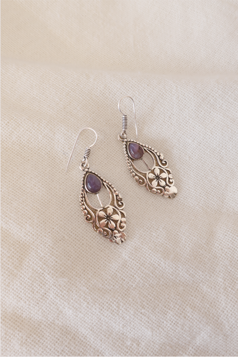 Floral Amethyst Fans Silver Plated Earrings