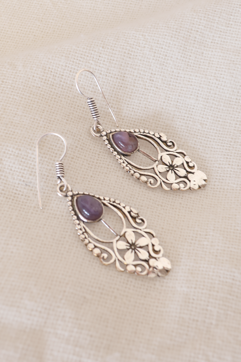 Floral Amethyst Fans Silver Plated Earrings