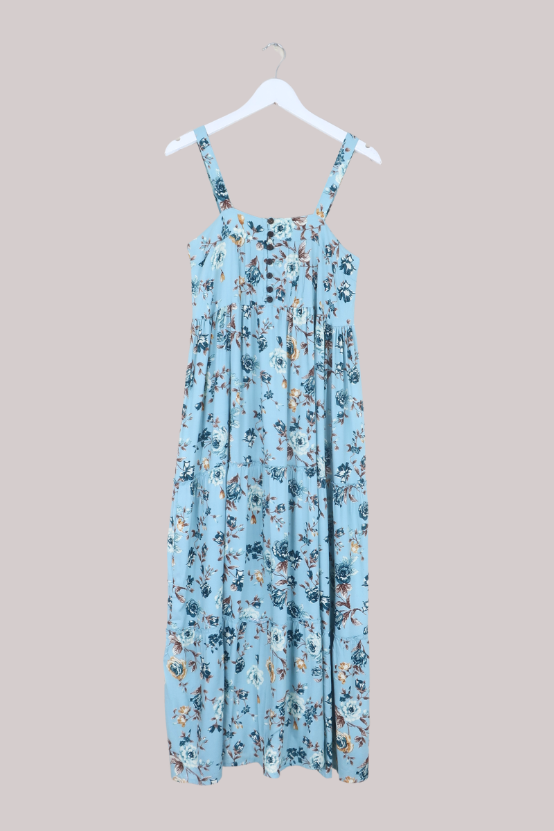 Amelia Pinafore Maxi Dress in Breeze Blue Roses